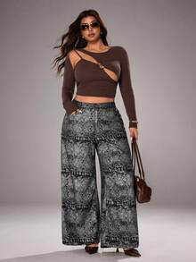 SHEIN ICON Plus Size Women's Casual Wide Leg Jeans, All Season - Black - View 5