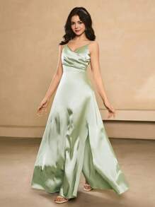 Wedding Bridesmaid V-Neck Satin Ruched Waist High Slit Dress For Teen Girl Suitable For Prom, Graduation, Birthday Party, Halloween - Green - View 7