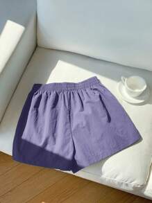 Comfortcana 女士紫色侧条纹松紧腰宽松休闲运动短裤 - 紫色 - 查看 2
