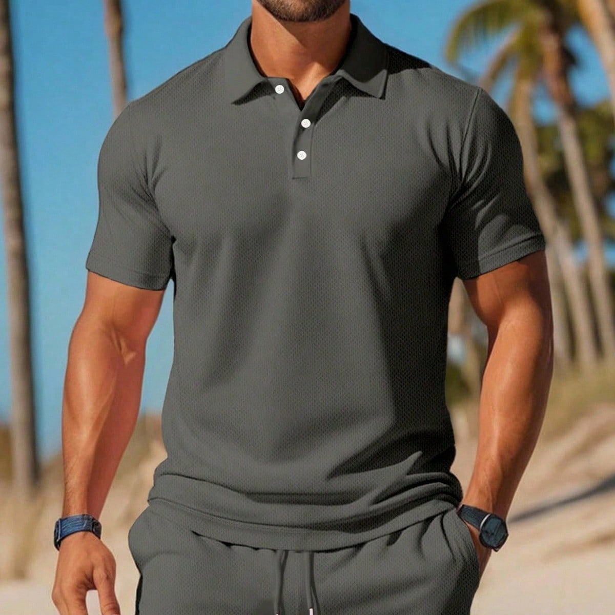 Camisa polo sólida para hombre y pantalones cortos de cintura con cordón
