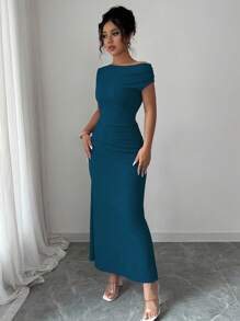 Elenzga 收腰修身优雅浪漫女士纯色不对称领口修身连衣裙 - 水鴨藍 - 查看 4