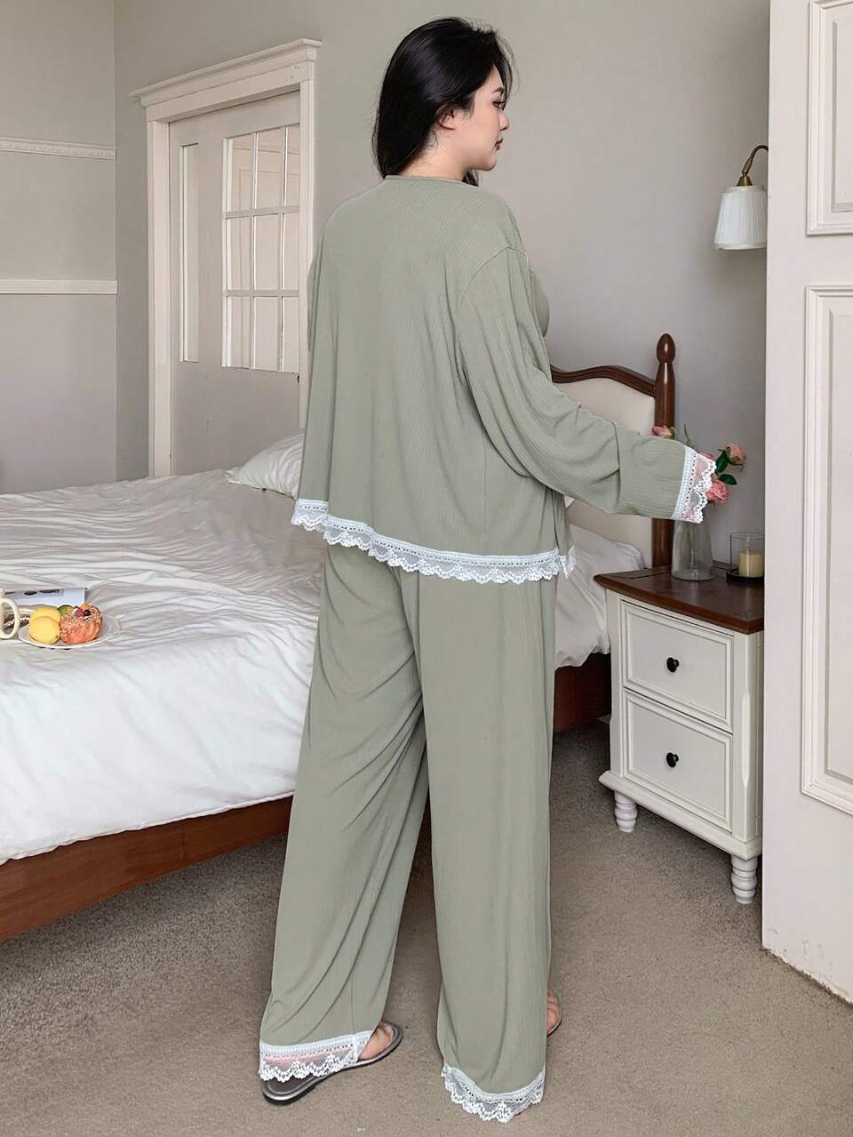 Dazy Plus Plus 3pcs Sleepwear Set With Bow Decor Cami Top & Pants And Lace Trim Robe, Elegant Pajama Suit, Fall Clothes
