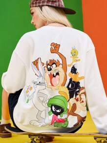 LOONEY TUNES X SHEIN Women's Cartoon Animal Pattern White Loose Sweatshirt, Cute Graphic Casual Versatile Casual Daily Top, Back To School, Summer & Fall - White - View 5
