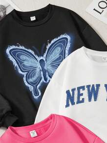 SHEIN Leap Crew 3pcs/Set Tween Girl Casual Minimalist Thermal Lined Loose Fit Round Neck Thick Hoodies, Suitable For Autumn & Winter - Multicolor - View 5