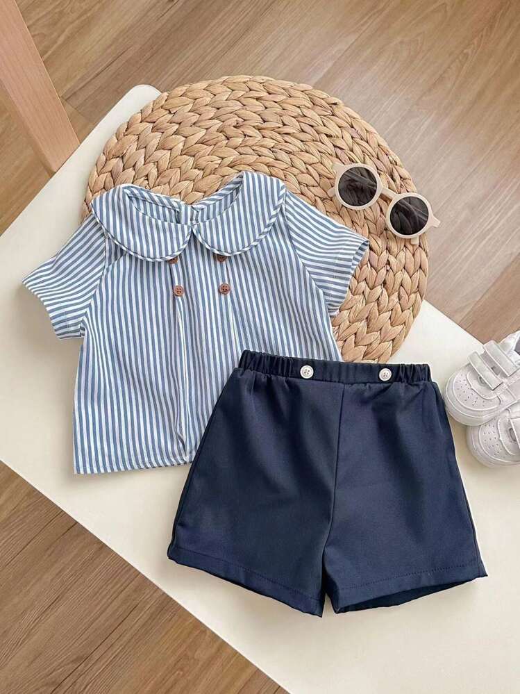 SHEIN Set de 2 piezas para bebé niño de verano, camiseta de polo de manga corta a rayas azul y shorts de cintura elástica, ideal para fiestas de cumpleaños, eventos, bodas, fiestas de mes, bautizos y celebraciones del primer cumpleaños, baby shower - Multicolor - Añade 6