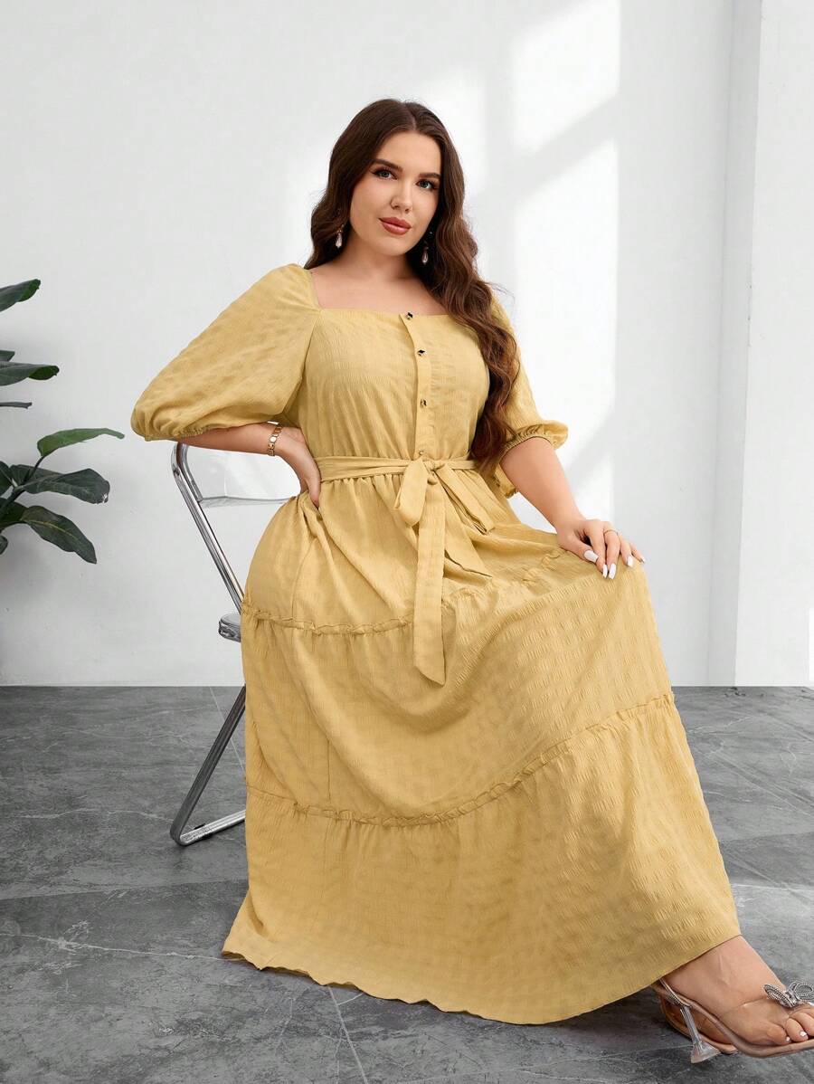 Modelyn Plus Size Women's Belted Square Neck Cake Skirt - Yellow - View 1