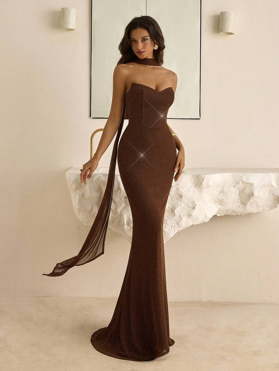 Vowa Vestido ajustado de estilo griego vintage con cintura plisada y cuello con volantes, adecuado para el té de la tarde, fiestas de cócteles, eventos de negocios, bodas y otras ocasiones - Rojo - Ver 1