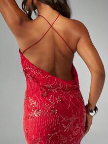 MISSGUIDED Embellished Halter Neck Mini Dress Crystal Beaded Party Club Evening Wedding Guest Bodycon Holiday Christmas New Year Glitter Sparkle - Orange - View 4