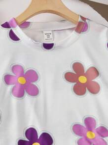 Sparklyn 2pcs/Set Girls' Floral All-Over Print T-Shirt And High Waist Textured Wide Leg Pants Set - Purple - View 3