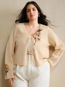 Anewsta Cardigan tricoté à fleurs brodées grande taille pour femmes - Nude - Voir 3