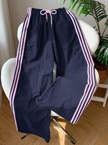 Comfortcana 女款海军蓝侧条纹松紧腰宽松休闲运动裤 - 藏蓝色 - 查看 6