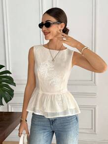 Serisse Áo hai dây thời trang cổ tròn viền bèo nhún họa tiết hoa jacquard dành cho nữ - Màu be - Xem 6