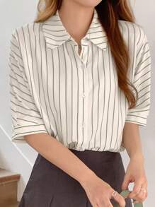 DAZY Vertical Stripe Batwing Sleeve Shirt - White - View 4