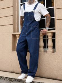 Manfinity Homme Men's American Style High-End Casual Loose Fit Bib Overall Denim Jumpsuit, Versatile For Autumn/Winter - Blue - View 1