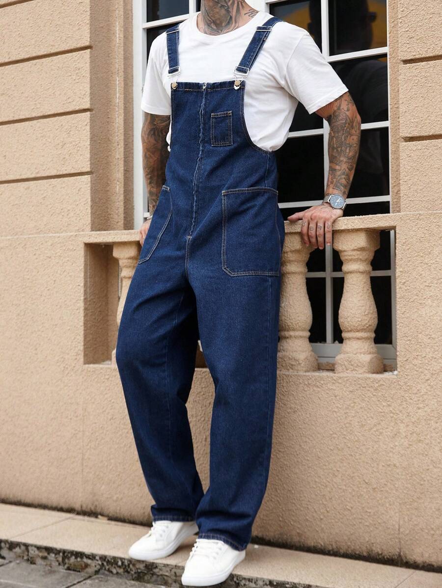 Manfinity Homme Men's American Style High-End Casual Loose Fit Bib Overall Denim Jumpsuit, Versatile For Autumn/Winter - Blue - View 1