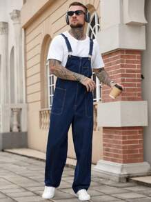 Manfinity Homme Men's American Style High-End Casual Loose Fit Bib Overall Denim Jumpsuit, Versatile For Autumn/Winter - Blue - View 4