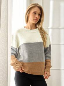 SHEIN Tall 高码女式休闲宽松圆领拼色百搭秋季毛衣商务休闲女式，假日乡村上衣 - 彩色 - 查看 5