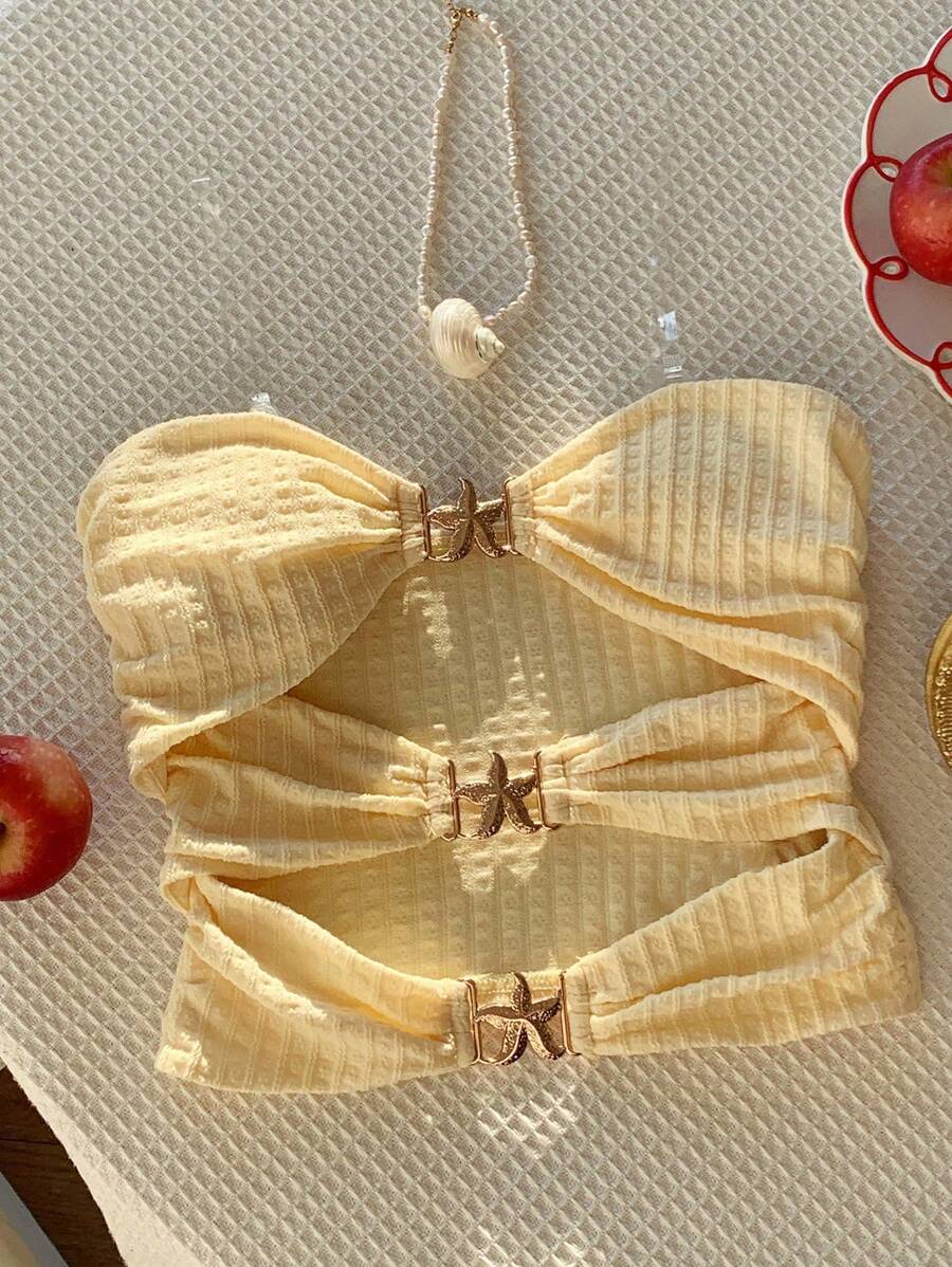 Comfortcana Yellow Knit Starfish Decor Hollow-Out Bandeau Top - Yellow - View 1