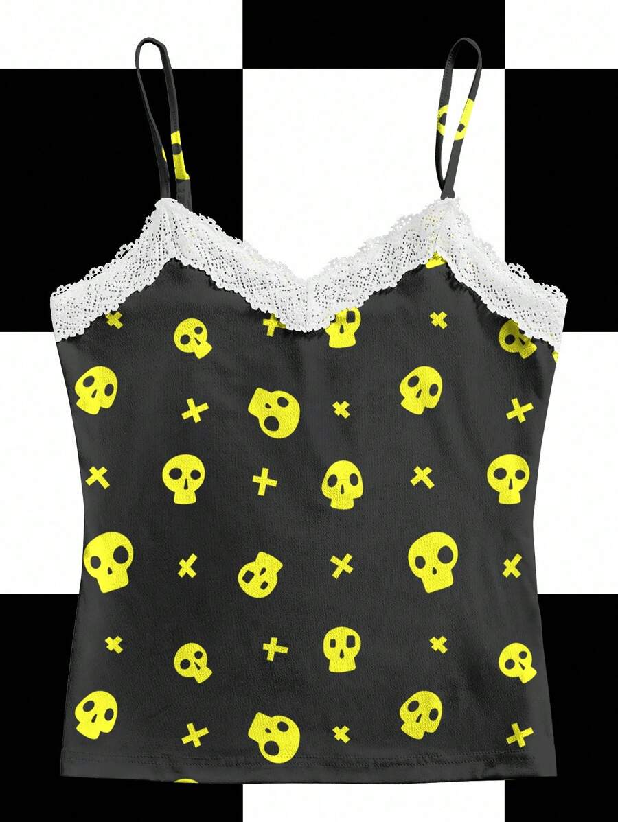 Shutterstock 黑色和霓虹绿、撞色、骷髅、卡通、万圣节、Y2K、街头服饰、休闲 Y2K 蕾丝边女式吊带背心适合夏季、秋季、度假、聚会、派对、日常穿着外出上衣 - 黑色 - 查看 1