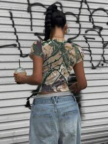Muchica 复古街头风格迷彩全印花紧身短袖T恤女款夏季 - 白色 - 查看 2