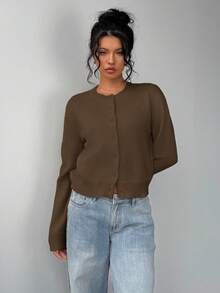 SHEIN BASICS Casual Solid Color Round Neck Long Sleeve Loose Cropped Women Sweater Cardigan In Fall/Winter - Brown - View 3