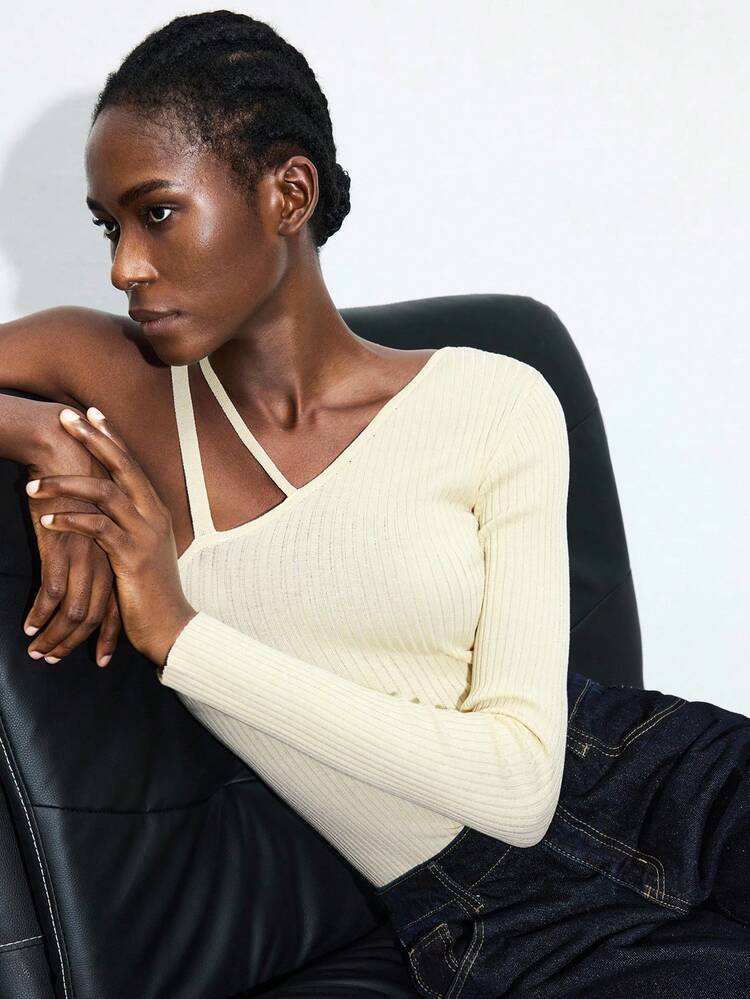 SHEIN Maija 여성 솔리드 컬러 비대칭 어깨 긴팔 핏팅 리브 탑, 크림 외출용 탑, 가을 데이트 나이트 기본 탑