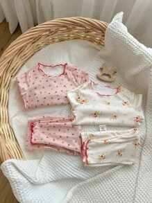 4 sztuki dziewczęcego kwiatowego wzoru marszczonego okrągły dekolt długie spodnie z miękkiej oddychającej piżamy