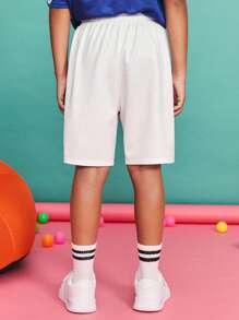 SHEIN Pantalones cortos casuales y cómodos de cintura media con estampado de letras para niño preadolescente, pantalones cortos gráficos para niño preadolescente, temporada de regreso a la escuela, Navidad - Blanco - Ver 3