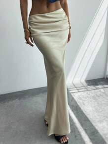 Firerie Women's Elegant Solid Satin Maxi Skirt,White Light Yellow Low-Waist Autumn Clothing,Versatile Minimalist Date & Work Attire,Beach,Party,Prom - Yellow - View 6