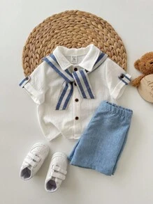 Baby Boy Casual Summer Vacation Solid Color Short Sleeve Shirt, Striped Shorts And Shawl Three-Piece Set - Multicolor - View 3