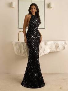 Vowa 性感露背高开衩正式晚礼服，带金属装饰，适合正式活动、庆典、毕业典礼、舞会等 - 黑色 - 查看 5