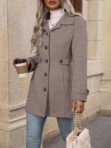 EMERY ROSE 女士休闲日常通勤单排扣羊毛大衣，秋冬 - 淺灰色 - 查看 3