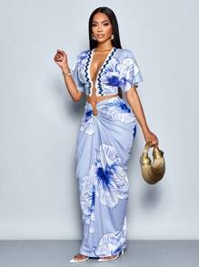 SOLERSUN Women's Elegant Tropical Print Pleated Hollow Out Fashion Metal Ring Buckle Niche Design Gathered Ruched Skirt - Blue - View 6