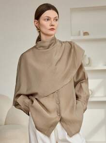 Dazy-Less 女士宽松雪纺衬衫，休闲商务办公装，长袖，披肩领，适合春、夏、秋季穿着。 - 杏色 - 查看 5