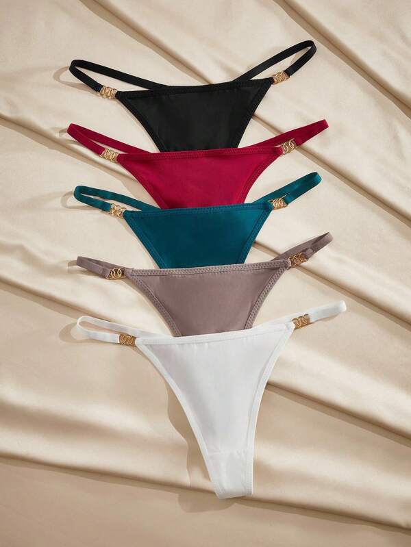 Charlaine 5 unidades/pacote de tanga feminina lisa com anel conectado, moda cintura baixa