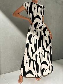 Firerie Lässiges, elegantes Maxikleid für Damen mit abstraktem Schwarz-Weiß Pinselstrich-Muster, asymmetrischer Taille, geeignet für Sommer, Party, Strand und Ausgehen