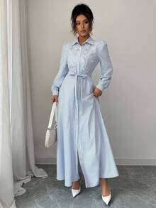 Selianne Váy sơ mi đi làm phong cách Châu Âu thanh lịch hàng ngày dành cho nữ, tay dài, thắt nơ eo, trang trí pha lê, sang trọng cổ điển, thích hợp cho lễ hội âm nhạc, đua xe, đi làm, mua sắm, nghỉ dưỡng và các dịp khác - Màu xanh lam - Xem 5