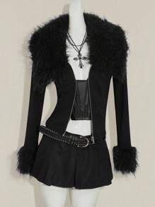 SHEIN CURVE+ Y2k 秋季西部风外出黑色拉链垃圾摇滚音乐会哥特纯色人造毛皮拉链拼布修身长袖夹克 - 黑色 - 查看 6