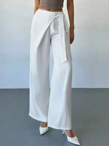 Firerie Women's Elegant Loose Straight Leg Pants, Satin Fabric, Tie Waist, Versatile Casual/Business Wear, Fall, Back To School, Old Money Style, Office - White - View 3