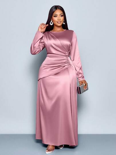 SOLERSUN Women's Elegant Solid Color Ruched Side Satin Bodycon Dress,Suitable For Dating Party Maxi Women Outfit Fall Cloth For Women