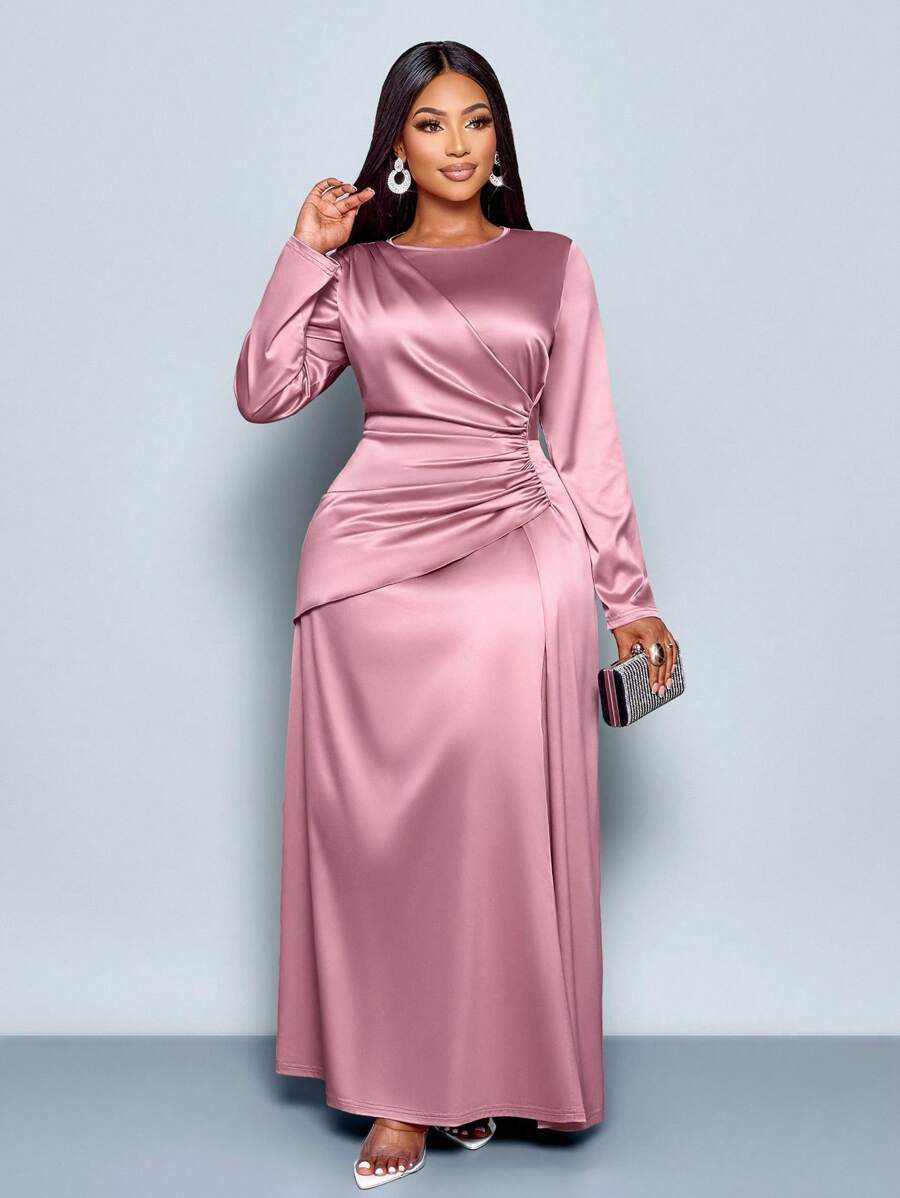 SOLERSUN Women's Elegant Solid Color Ruched Side Satin Bodycon Dress,Suitable For Dating Party Maxi Women Outfit Fall Cloth For Women