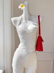 Comfortcana 女式纯色褶皱露背上衣和超短裤套装 - 白色 - 查看 4