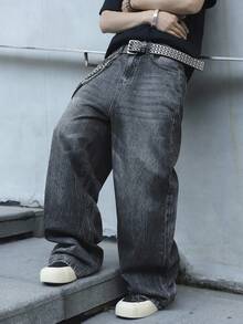 Manfinity EMRG Męskie jeansy retro z haftem w kolorze czarnym, luźne, z szerokimi nogawkami