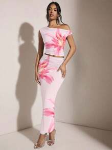 SHEIN BAE Floral Print Casual Asymmetric Shoulder Ruched Fitted Top And Bodycon Mini Skirt Set, Suitable For Summer Suitable For Going Out - Baby Pink - View 3