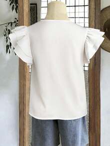 EMERY ROSE 大码女装日常休闲优雅纯色圆领双层小飞袖宽松衬衫，女士夏装，女士度假服装，女士夏装，女士外出上衣 - 白色 - 查看 2