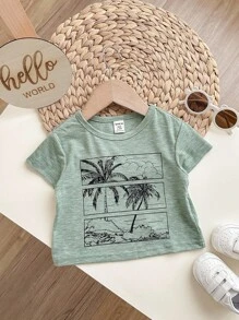 Baby Boy Cartoon Coconut Tree Pattern Knitted Soft Round Neck Short Sleeved Top - Green - View 3