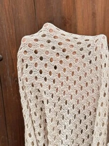 Breezaya 女款休闲宽松蝙蝠袖镂空圆领针织上衣 杏色 春秋 - 杏色 - 查看 6