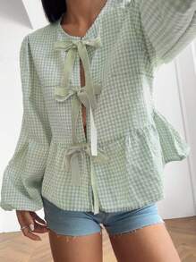 SHEIN EZwear 格子休闲简约大码衬衫 - 薄荷綠 - 查看 1