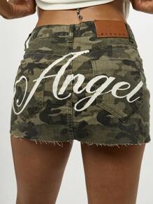 SUMWON WOMEN Angel Embroidered Distressed Raw Hem Mini Denim Skirt Festival Camouflage Summer Fashion Military Print Pockets Casual Party Ripped Beach Combat - Multicolor - View 1