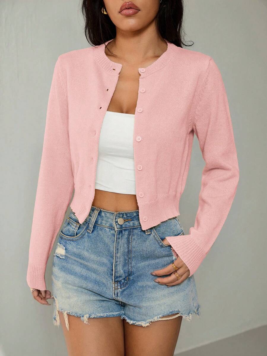 SHEIN PETITE 女士休闲纯色短款开衫 粉色开衫 秋冬女款 - 粉色 - 查看 1